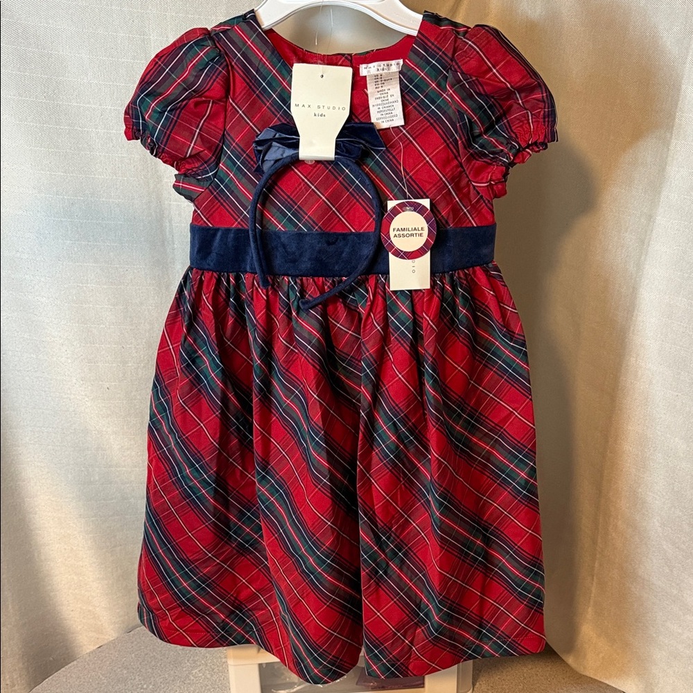 Max Studio Kids Dress in Red and Blue Plaid and a velvet headband